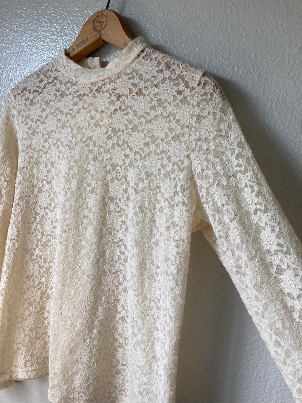 Lowrys Farm Stretch Lace Mesh high neck sheer long sleeve cottagecore top sz L